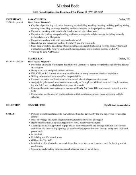 Sheet Metal Mechanic Resume Examples 